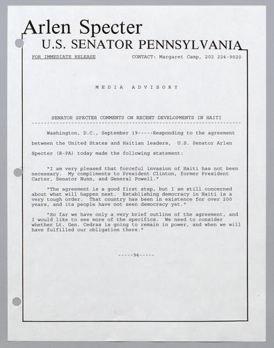 Senator Specter comments on recent developments in Haiti