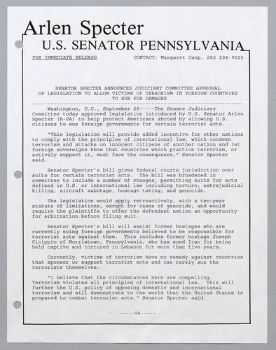 Senator Specter announces Judiciary Committee approval of legislation to allow victims of terrorism in foreign countries to sue for damages