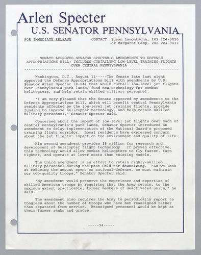 Senate approves Senator Specter's amendments to defense appropriations bill; includes curtailing low-level training flights over central Pennsylvania
