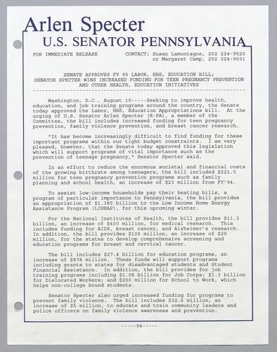 Senate approves fiscal year 1995 labor, HHS, education bill; Senator Specter wins increased funding for teen pregnancy prevention and other health, education initiatives