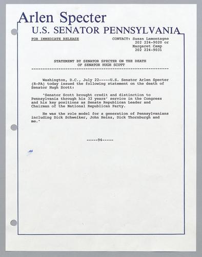Statement by Senator Specter on the death of Senator Hugh Scott