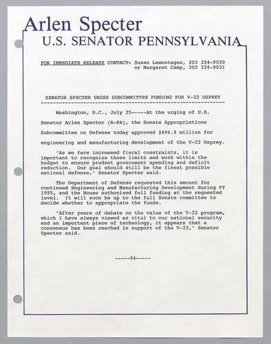 Senator Specter urges subcommittee funding for V-22 Osprey