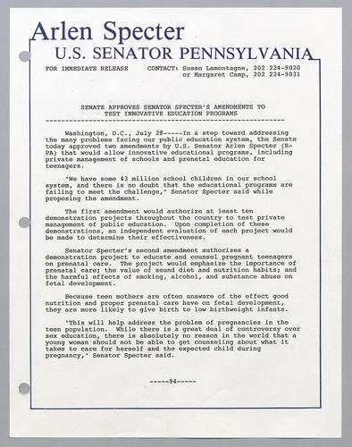 Senate approves Senator Specter's amendments to test innovative education programs