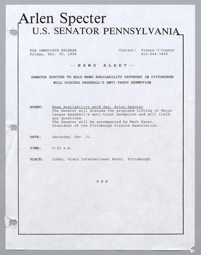 Senator Specter to hold news availability Saturday in Pittsburgh; will discuss baseball's anti-trust exemption