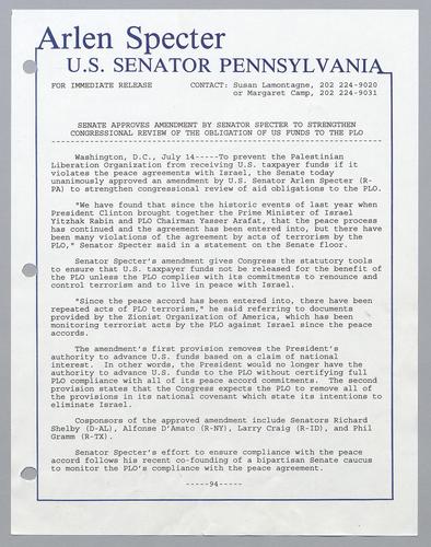 Senate approves amendment by Senator Specter to strengthen congressional review of the obligation of U.S. funds to the PLO