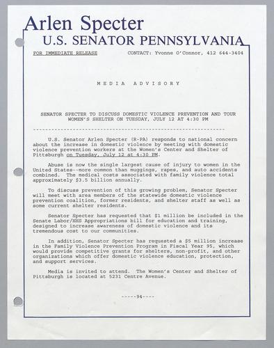 Senator Specter to discuss domestic violence prevention and tour women's shelter on Monday, July 12, at 4:30 pm