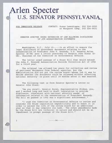 Senator Specter urges extension of law allowing disclosure of JFK assassination documents