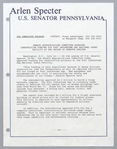 Senate Appropriations Committee approves construction funding for Fort Indiantown Gap National Guard facility at the urging of Senator Specter