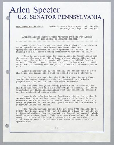 Appropriations subcommittee approves funding for LIHEAP at the urging of Senator Specter