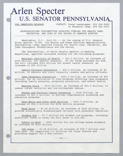 Appropriations subcommittee approves funding for health care, education, and jobs at the urging of Senator Specter