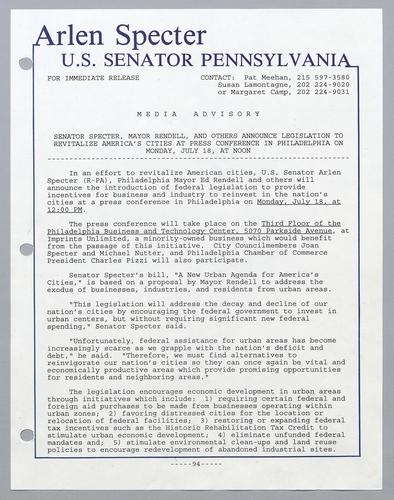 Senator Specter, Mayor Rendell, and other announce legislation to revitalize America's cities at press conference in Philadelphia on Monday, July 18, at noon