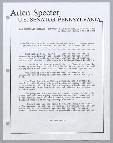 Senator Specter wins authorization for funds to build troop barracks for Fort Indiantown Gap National Guard facility