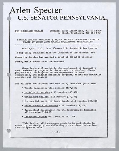 Senator Specter announces $326,000 awarded in national service grants to seven Pennsylvania educational institutions