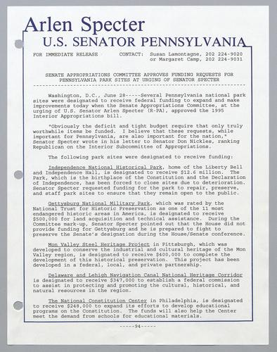 Senate Appropriations Committee approves funding requests for Pennsylvania park sites at urging of Senator Specter