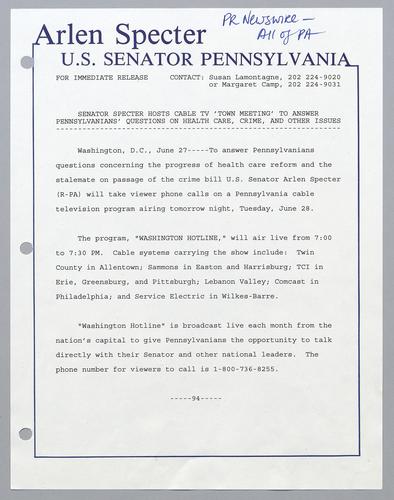 Senator Specter hosts cable TV "town meeting" to answer Pennsylvanians' questions on health care, crime, and other issues