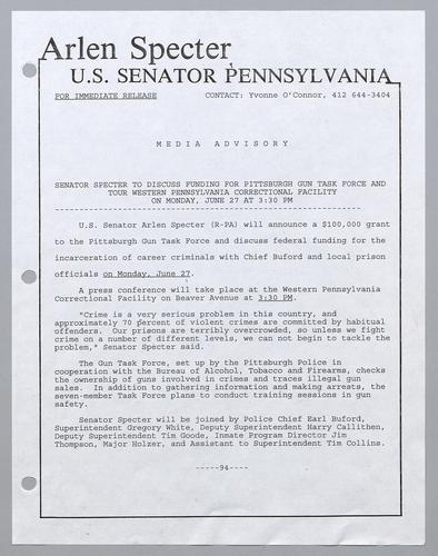 Senator Specter to discuss funding for Pittsburgh gun task force and tour western Pennsylvania correctional facility on Monday, June 27 at 3:30 pm