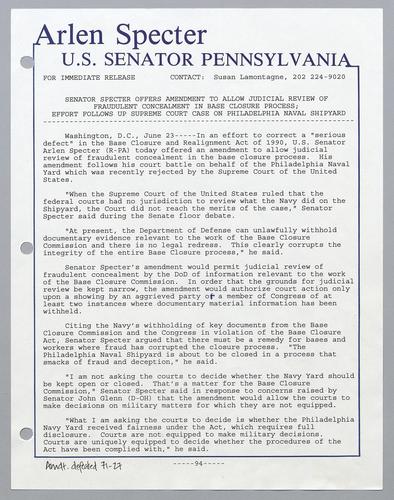Senator Specter offers amendment to allow judicial review of fraudulent concealment in base closure process; effort follows up Supreme Court case on Philadelphia Naval Shipyard