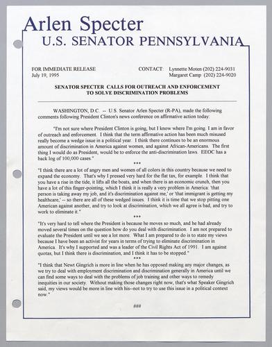 Senator Specter calls for outreach and enforcement to solve discrimination problems