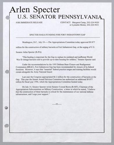 Specter hails funding for Fort Indiantown Gap