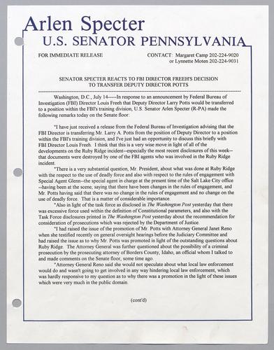 Senator Specter reacts to FBI Director Freeh's decision to transfer Deputy Director Potts