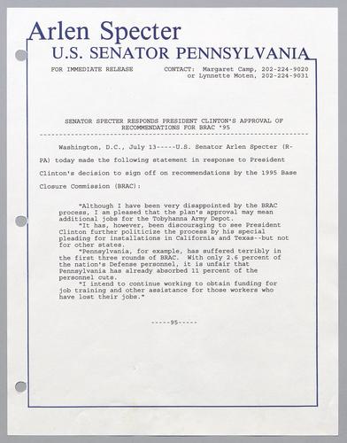 Senator Specter responds to President Clinton's approval of recommendations for BRAC 1995