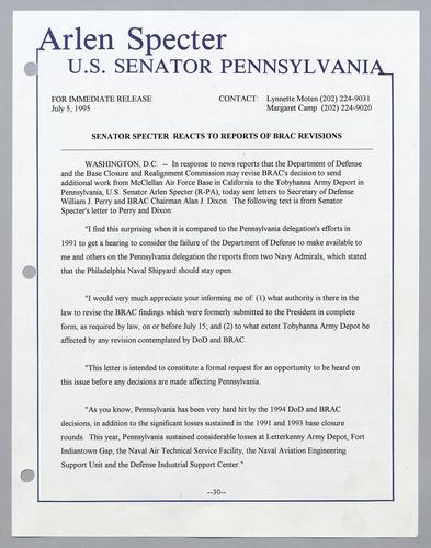 Senator Specter reacts to reports of BRAC revisions