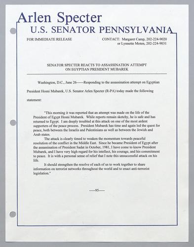 Senator Specter reacts to assassination attempt on Egyptian President Mubarak
