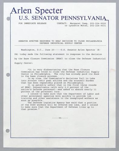 Specter responds to BRAC decision to close Philadelphia Defense Industrial Supply Center