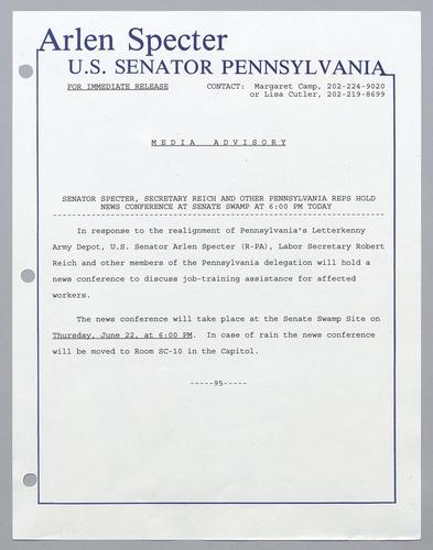 Senator Specter, Secretary Reich, and other Pennsylvania representatives hold news conference at Senate swamp at 6:00 p.m. today