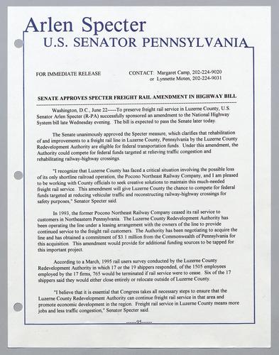 Senate approves Specter freight rail amendment in highway bill