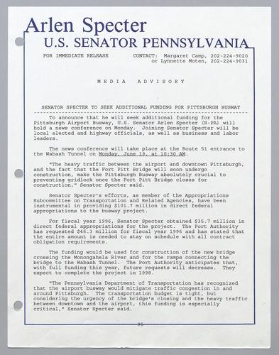 Senator Specter to seek additional funding for Pittsburgh busway