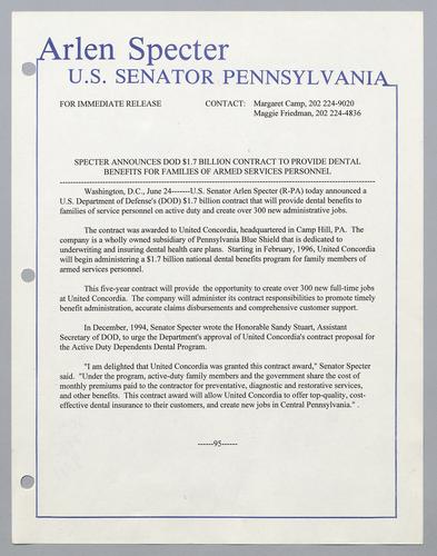 Specter announces DOD $1.7 billion contract to provide dental benefits for families of armed services personnel