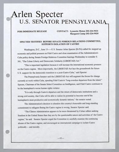 Specter testifies before Senate Foreign Relations Committee; supports isolation of Castro