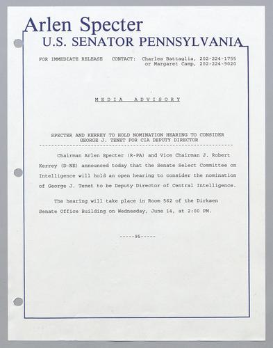 Specter and Kerrey to hold nomination hearing to consider George T. Tenet to CIA Deputy Director