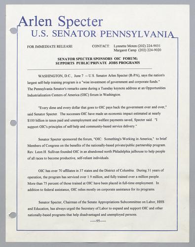 Senator Specter sponsors OIC forum; supports public/private jobs programs