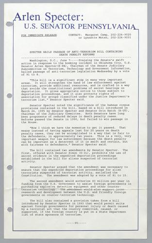 Specter hails passage of anti-terrorism bill containing death penalty reforms