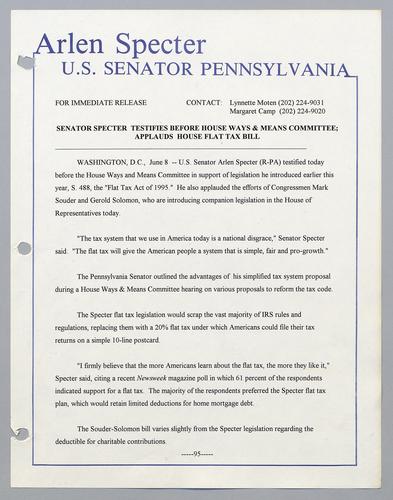 Senator Specter testifies before House Ways and Means Committee; applauds House flat tax bill