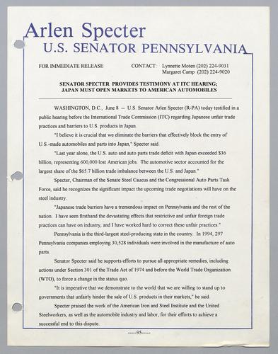 Senator Specter provides testimony at ITC hearing; Japan must open markets to American automobiles