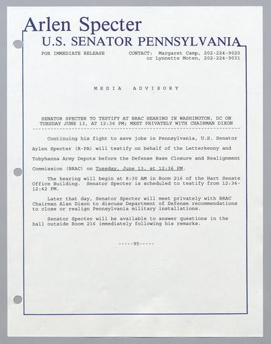 Senator Specter to testify at BRAC hearing in Washington, DC on Tuesday, June 13, at 12:36 pm; meet privately with chairman Dixon