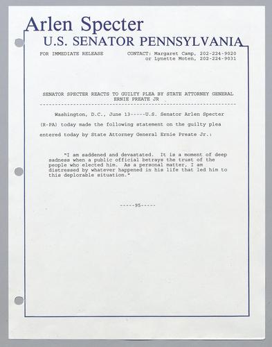 Senator Specter reacts to guilty plea by State Attorney General Ernie Preate, Jr.
