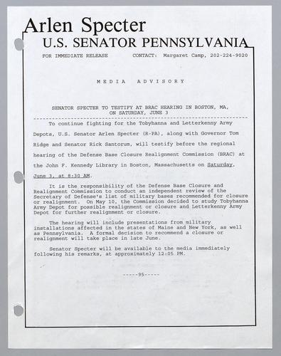 Senator Specter to testify at BRAC hearing in Boston, Massachusetts, on Saturday, June 3