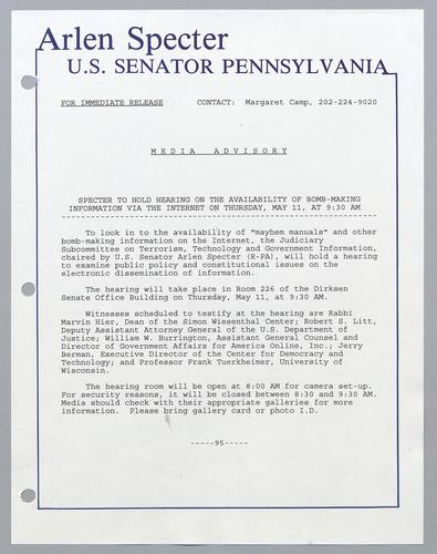 Specter to hold hearing on availability of bomb-making information via the internet on Thursday, May 11, at 9:30 am