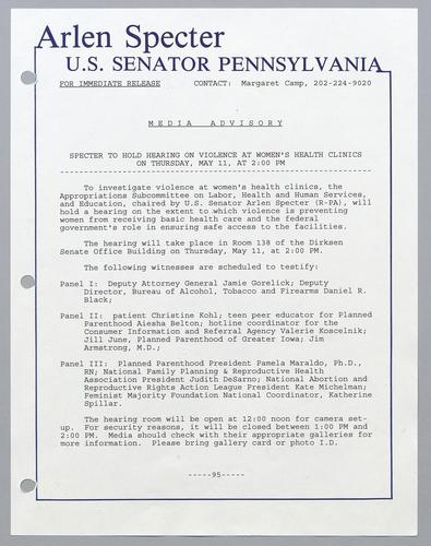 Specter to hold hearing on violence at women's health clinics on Thursday, May 11, at 2:00 pm