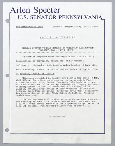 Senator Specter to hold hearing on terrorism legislation Thursday, May 4, at 1:00 pm