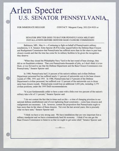 Senator Specter goes to bat for Pennsylvania military installations before defense Base Closure Commission