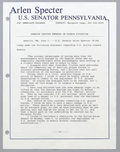 Senator Specter remarks on Bosnia situation