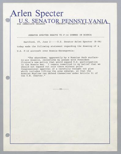 Senator Specter reacts to F-16 downed in Bosnia