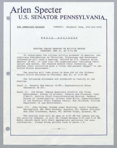 Specter chairs hearing on militia groups Thursday, May 25, at 9:30 am