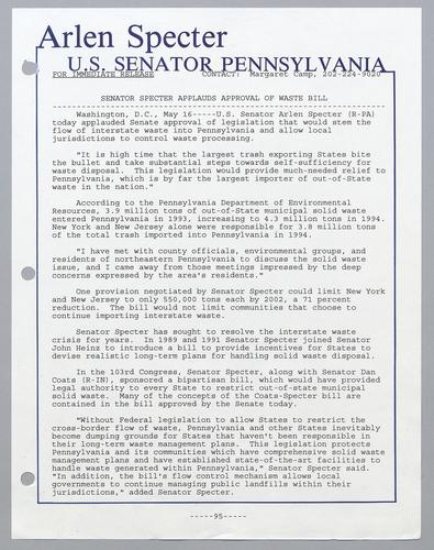 Senator Specter applauds approval of waste bill