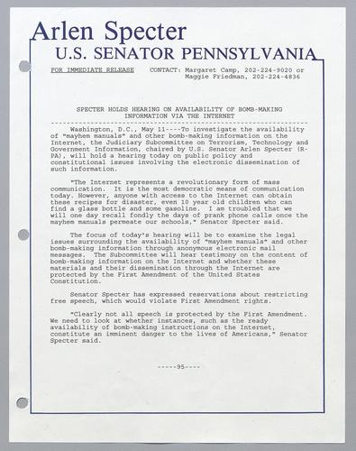 Specter holds hearing on availability of bomb-making information via the internet